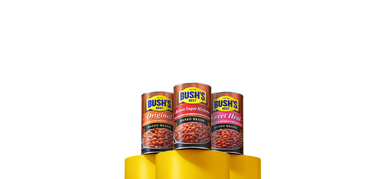 Bush's Baked Beans on yellow pedestal