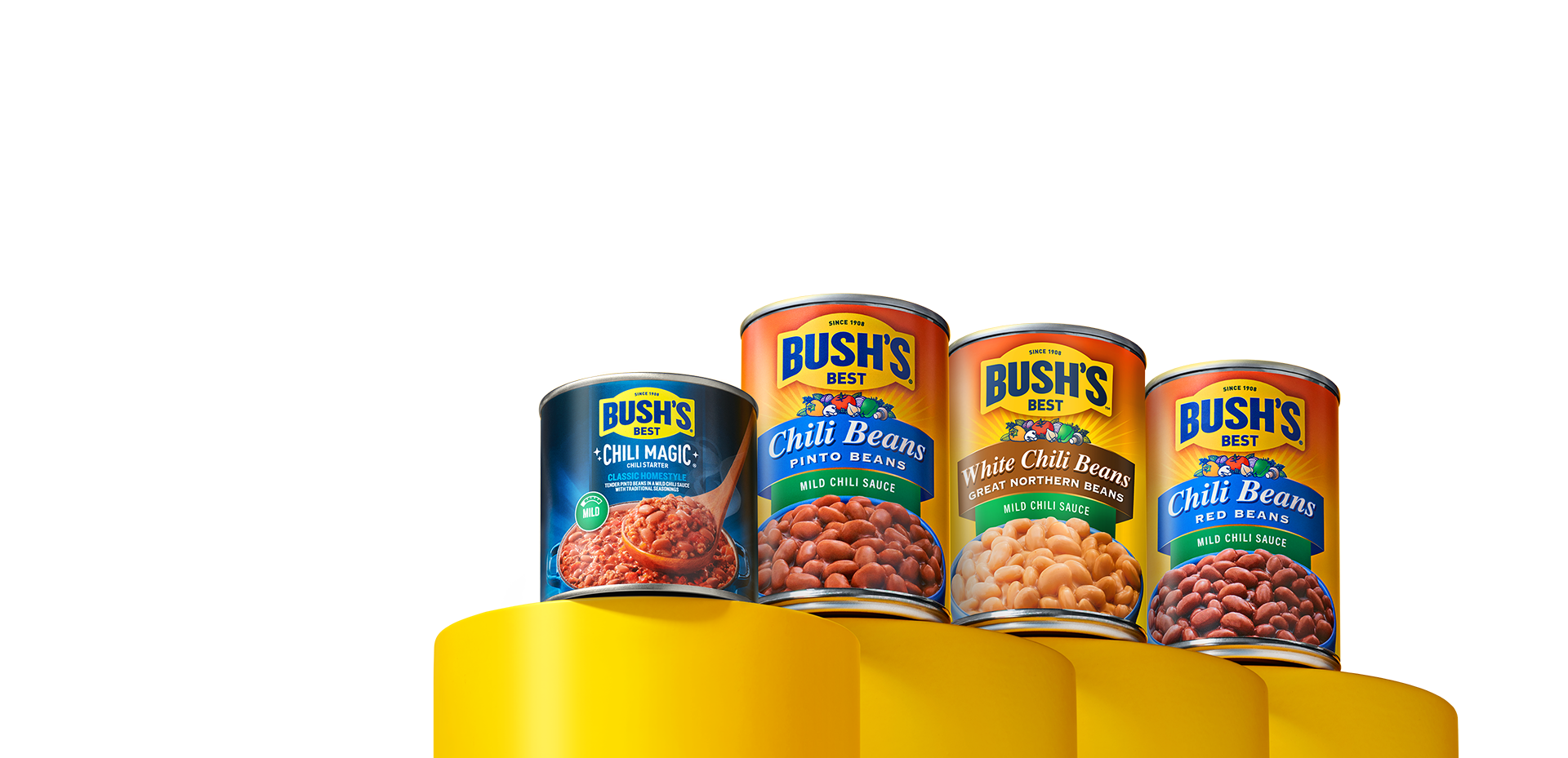 Chili magic and assorted chili cans on pedestals